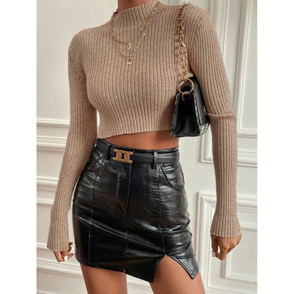 New Shein Solid Rib-knit Stand Neck Sweater in Oatmeal Size Small